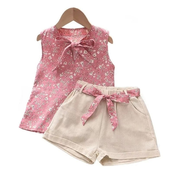 Conjunto Infantil Feminino Floral com Short de Linho